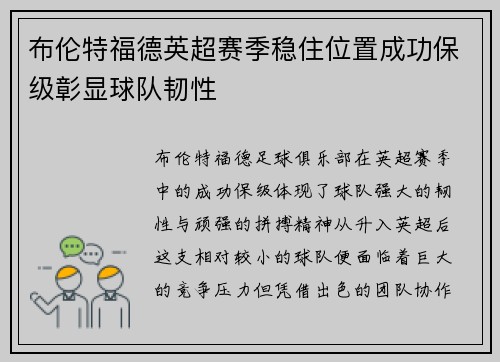 布伦特福德英超赛季稳住位置成功保级彰显球队韧性