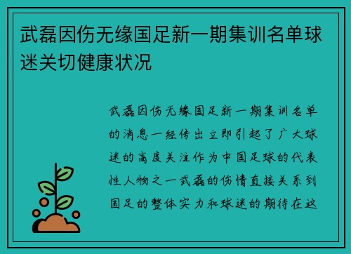 武磊因伤无缘国足新一期集训名单球迷关切健康状况