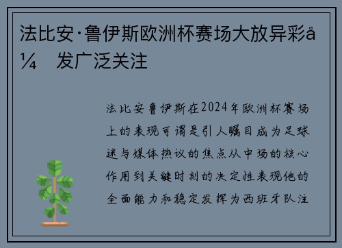 法比安·鲁伊斯欧洲杯赛场大放异彩引发广泛关注 法比安·鲁伊斯欧洲杯赛场大放异彩引发广泛关注